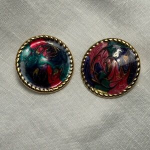 Vintage Gold-Trim Multicolor Swirl Round Earrings
